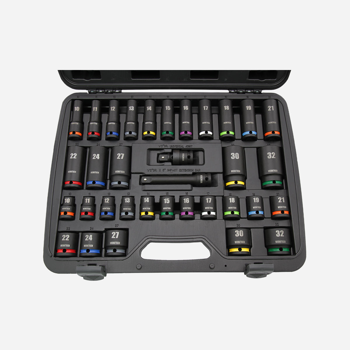 Impact Socket Set, standard and deep, 1/2" Dr., 34pcs, Color Coded