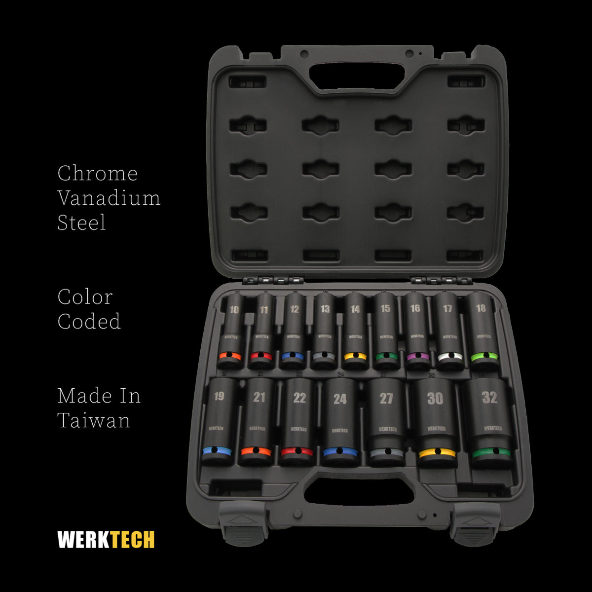 Deep Impact Socket Set 1/2" Dr., 16pcs, Color Coded