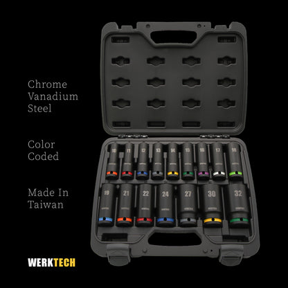 Deep Impact Socket Set 1/2" Dr., 16pcs, Color Coded