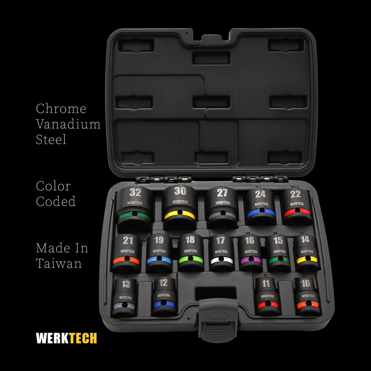 Impact Socket Set 1/2" Dr., 16pcs, Color Coded