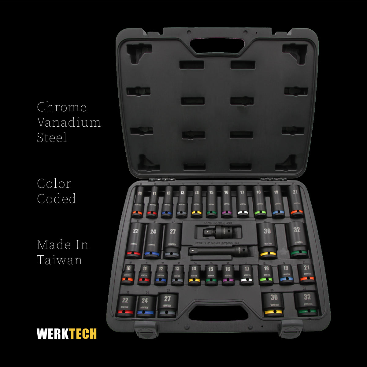 Impact Socket Set, Standard and Deep, 1/2" Dr., 34pcs, Color Coded