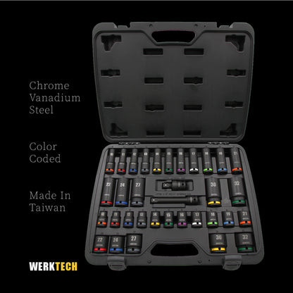 Impact Socket Set, Standard and Deep, 1/2" Dr., 34pcs, Color Coded