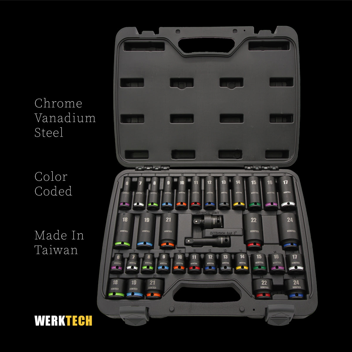 Impact Socket Set, Standard and Deep, 3/8" Dr., 36pcs, Color Coded