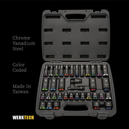 Impact Socket Set, Standard and Deep, 3/8" Dr., 36pcs, Color Coded
