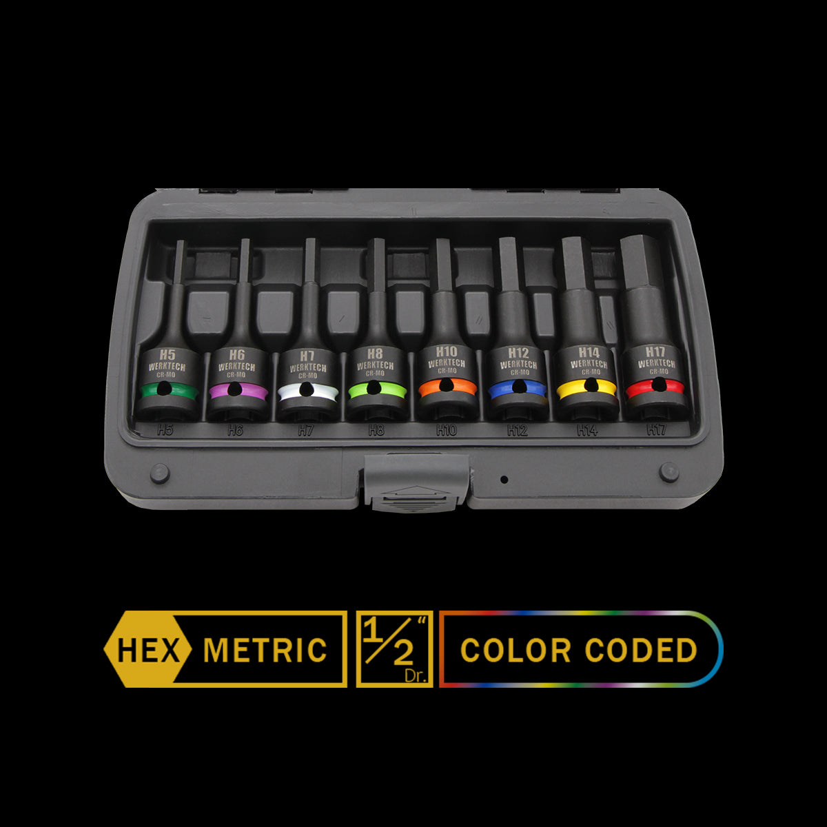 Hex Impact Bit Socket Set 1/2" Dr., 8pc, Color Coded