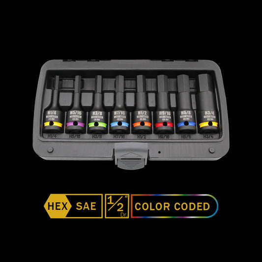 SAE Hex Impact Bit Socket Set 1/2" Dr., 8pc, Color Coded