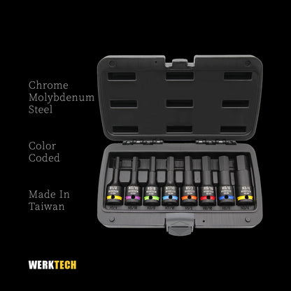SAE Hex Impact Bit Socket Set 1/2" Dr., 8pc, Color Coded