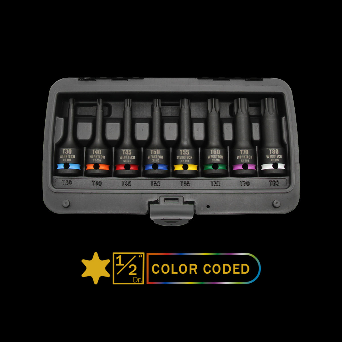 Torx Impact Bit Socket Set 1/2" Dr., 8pc, Color Coded
