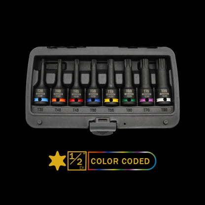 Torx Impact Bit Socket Set 1/2" Dr., 8pc, Color Coded
