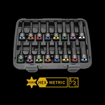 Hex & Torx Impact Bit Socket Set 1/2" Dr., 16pc, Color Coded