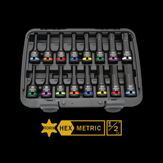 Hex & Torx Impact Bit Socket Set 1/2" Dr., 16pc, Color Coded