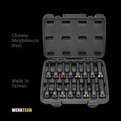 Hex & Torx Impact Bit Socket Set 1/2" Dr., 16pc, Color Coded