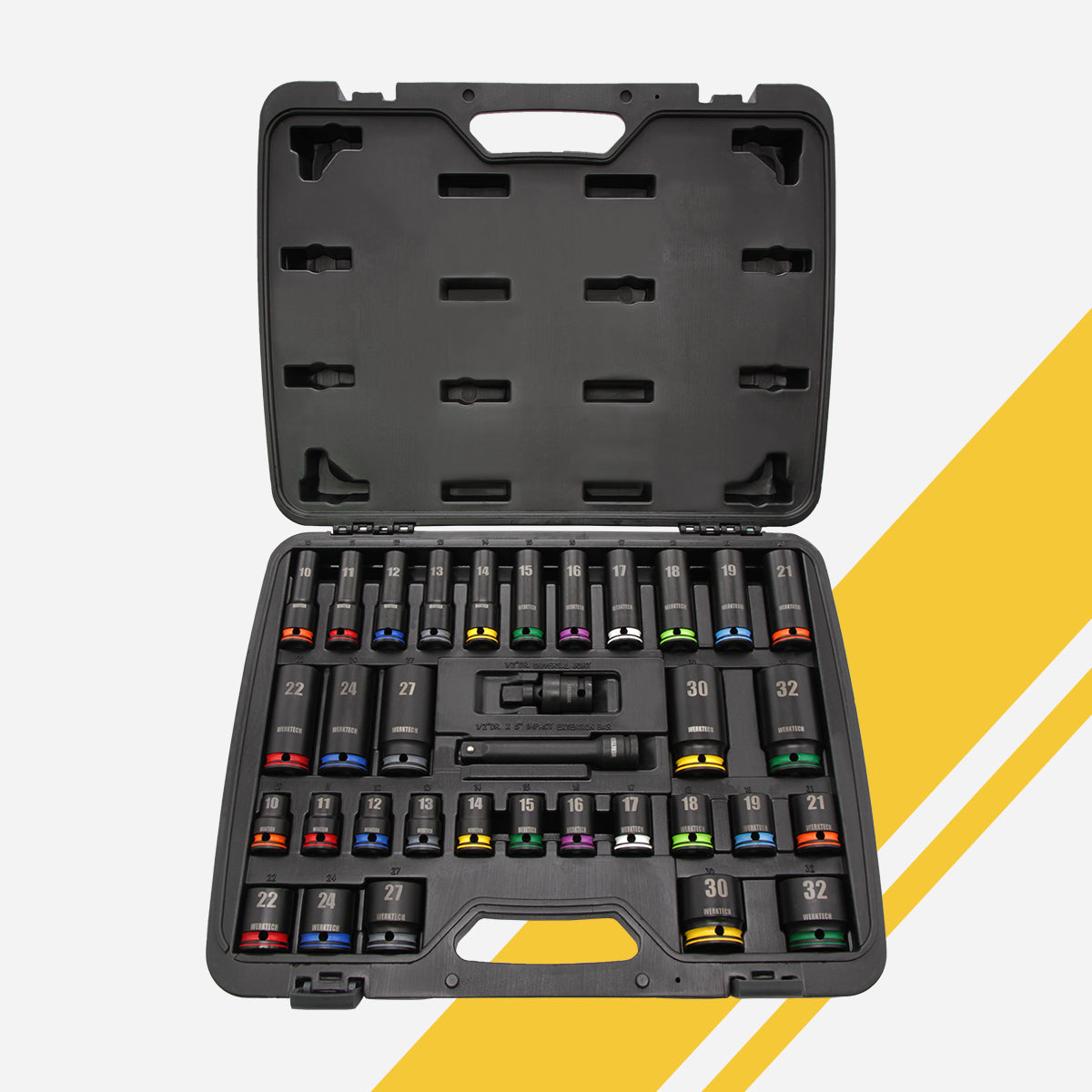 GRIP-ON Anti-Slip Impact Socket Set, Standard and Deep, 1/2" Dr., 34pcs, Color Coded