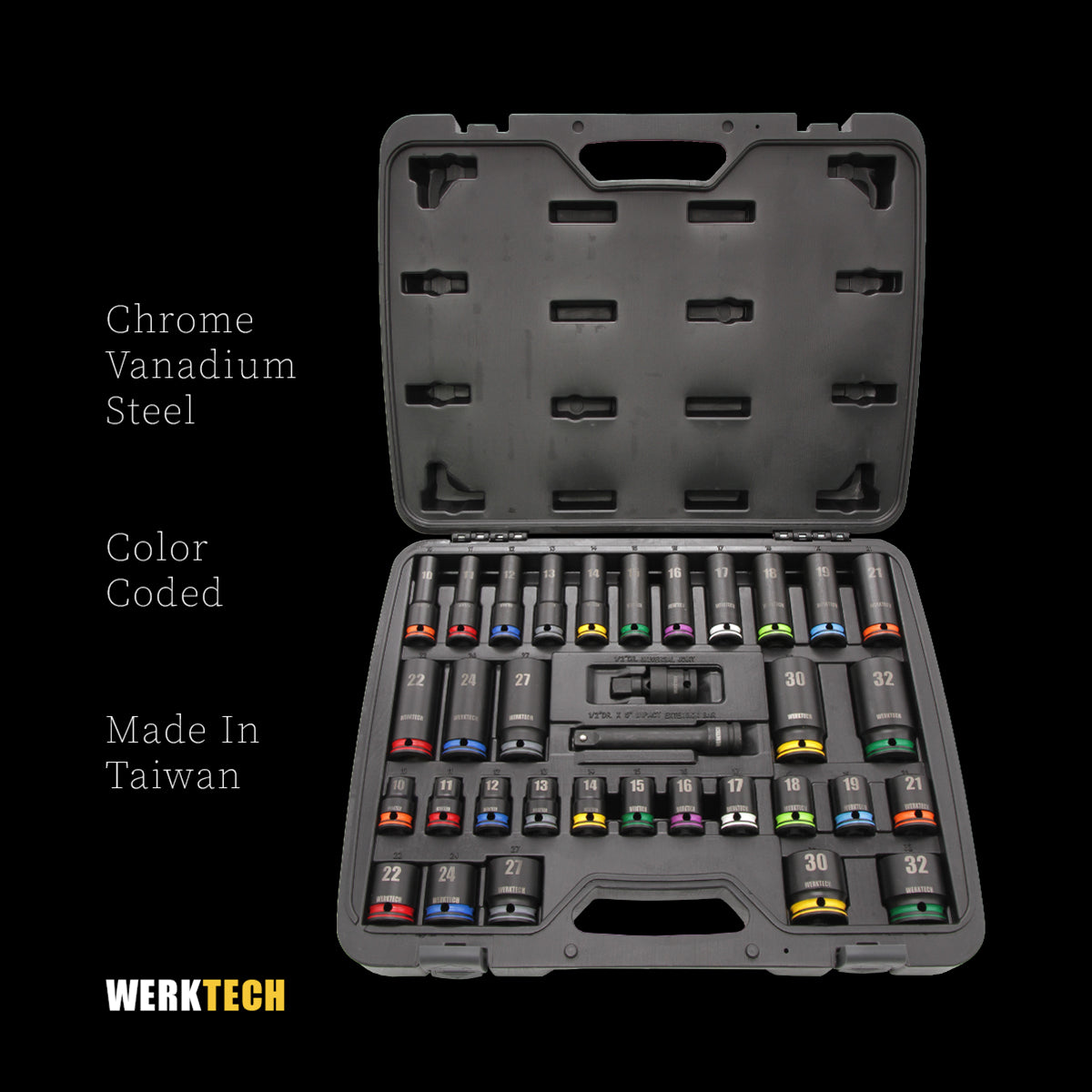 GRIP-ON Anti-Slip Impact Socket Set, Standard and Deep, 1/2" Dr., 34pcs, Color Coded