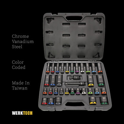 GRIP-ON Anti-Slip Impact Socket Set, Standard and Deep, 1/2" Dr., 34pcs, Color Coded