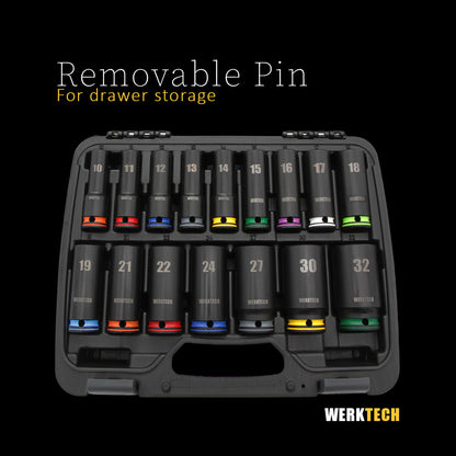 GRIP-ON Anti-Slip Deep Impact Socket Set 1/2" Dr., 16pcs, Color Coded