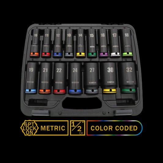GRIP-ON Anti-Slip Deep Impact Socket Set 1/2" Dr., 16pcs, Color Coded