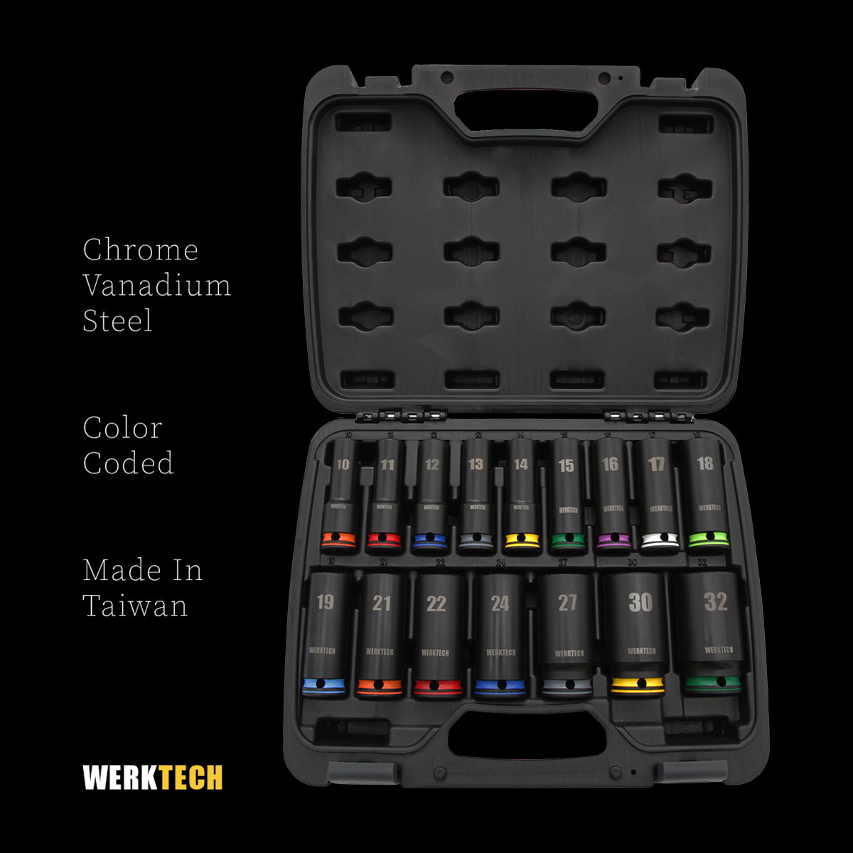 GRIP-ON Anti-Slip Deep Impact Socket Set 1/2" Dr., 16pcs, Color Coded