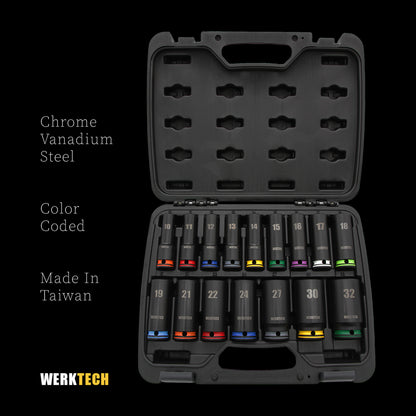GRIP-ON Anti-Slip Deep Impact Socket Set 1/2" Dr., 16pcs, Color Coded
